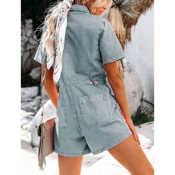 COWOKA Womens Casual Distressed Zip Short Sleeve Denim‎ Romper - Picture 7 of 8